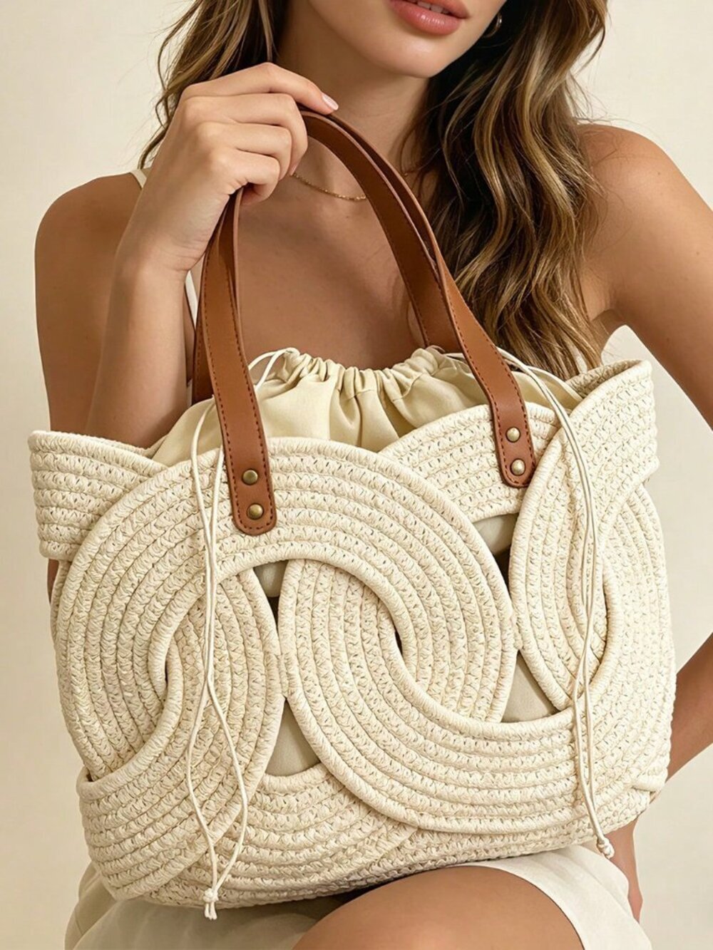 White Hollow Woven Women's Large Capacity Beach Drawstring Tote Bag
